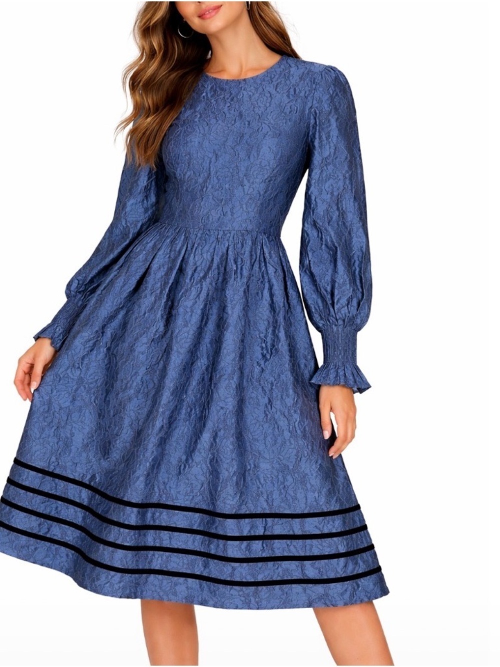 Muse Couture dress crinkle material Navy Blue long sleeve SZ 4 puff midi